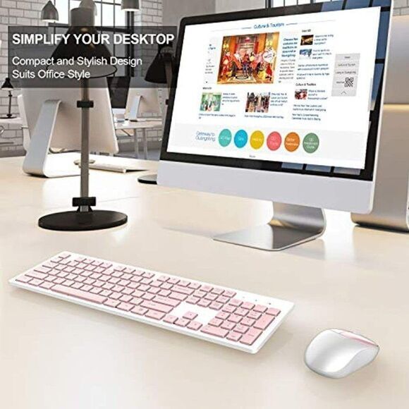 Wireless Keyboard and Mouse, Full-Size Pink 2.4GHz Silent USB Wireless Keyboard - Picture 7 of 7